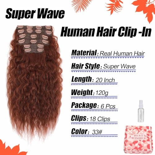 Clip in Hair Extensions Real Human Hair 120g 6pcs Deep Water Wave Curly Human Hair Extensions Double Weft Super Wave Clip ins for Women (33#, 20 Inch) - Thumbnail 2