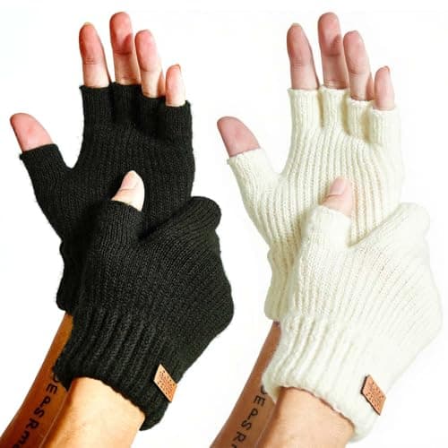JYUYNY Fingerless Gloves for Women Men, Winter Warm Alpaca Wool Stretch Knit Adult Half Finger Glove for Typing, Driving (Black, White) - Image 1