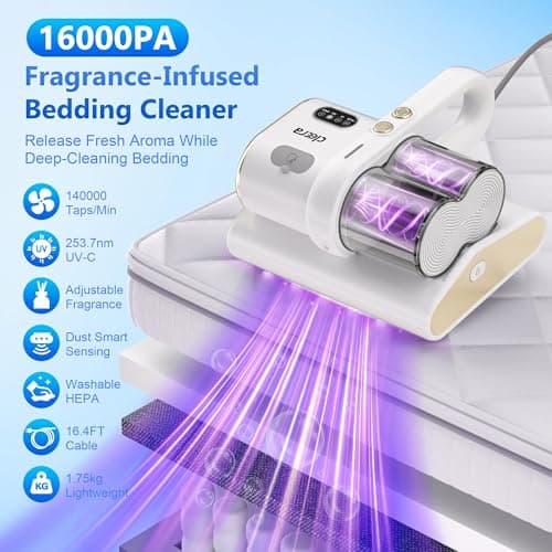 Cleera Mattress Vacuum Cleaner, 16KPa Suction, 14000RPM Tapping, 253.7nm UV-C Dual Optical Sensors, 400W Bed & Couch Vacuum, Dual Brushroll, Smart Dust Sensor, HEPA Filtration for Sofa Crib Carpet - Thumbnail 2