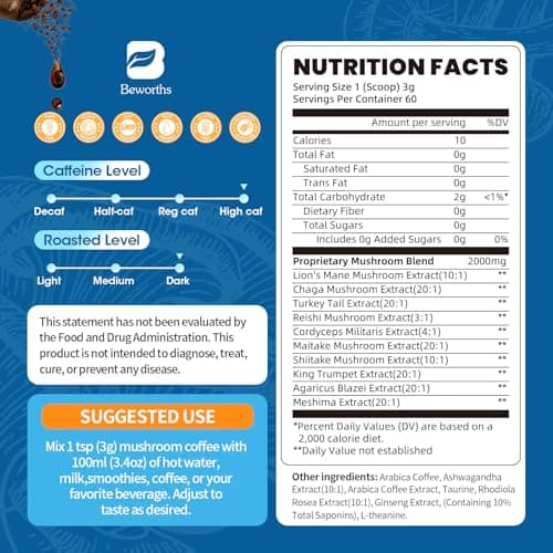 B BEWORTHS Mushroom Coffee Powder with Ashwagandha, L-theanine, Lion's Mane, Reishi, Chaga, Cordyceps, Turkey Tail, Ginseng | Arabica Instant Coffee for Immunity, Brain Focus, Gut Health | 60 Servings - Thumbnail 2