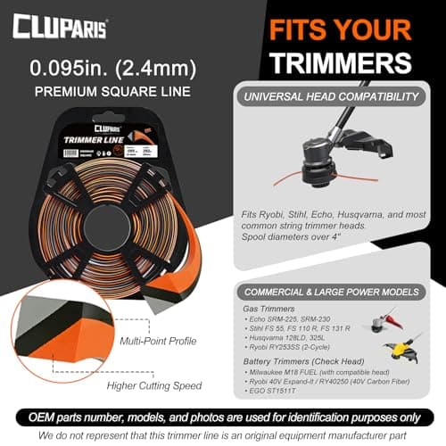 Cluparis .095-Inch Heavy Duty Trimmer Line, 1lb 292ft Professional Square Weed Eater String, 3-Component Tri-Extrusion for Extra Durability, Fits Echo Husqvarna Ryobi, with Super Line Cutter - Thumbnail 5