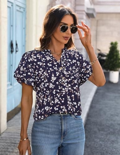 LOOKBOHO Womens Blouses Dressy Casual Chiffon Floral Tops Ruffle Short Sleeve V Neck Summer Loose Office Shirts Blue L - Thumbnail 3