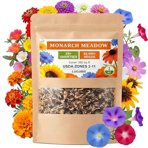 Wildflower Seeds Mix (3oz) - 89.400+Seeds - Non-GMO Milkweed Seeds for Monarch Butterflies - 25+Varieties Annual & Perennial Wildflowers Mix - Bulk Flower Seeds for Pollinator Gardens - Image 1
