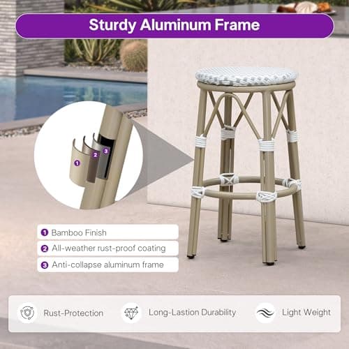 PURPLE LEAF Patio Round Counter Height Stool Set of 2 Outdoor Backless Barstools Aluminum Frame in Champagne Finish with White & Gray Woven Rattan for Indoor Kitchen Dining Bistros Cafe Restaurant - Thumbnail 4