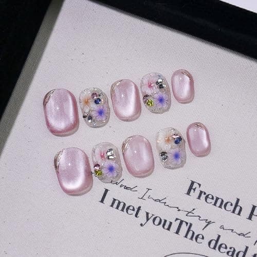 Short Square Press on Nails - Handmade Manicure Art Reusable False Nails 10pcs with Solid Nail Glue, Nail Adhesive Tabs, Strong Nail Glue (307-Medium) - Thumbnail 2