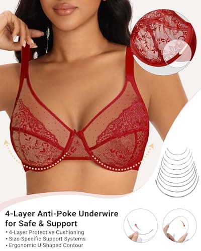 As Fairy Lace Underwire Bras for Women Full Coverage Minimizer Breathable Unlined Supportive Bra for Big Bust(Coral Red 42DDD) - Thumbnail 4