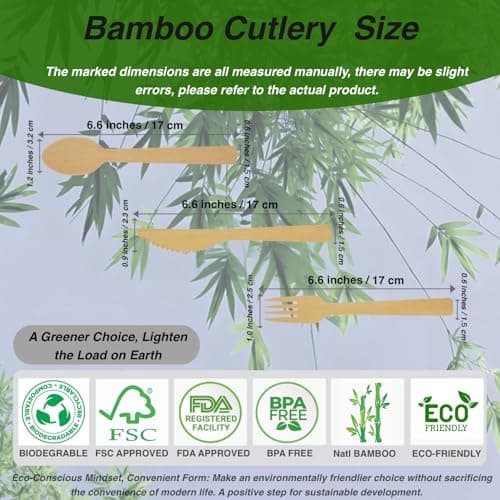 Bonigour Bamboo Cutlery Set | Compostable Utensils for Eating | 180 Pieces Bamboo Disposable Utensil [60 Forks, 60 Spoons, 60 Knives ] | Biodegradable Utensils for Parties (180) - Thumbnail 6