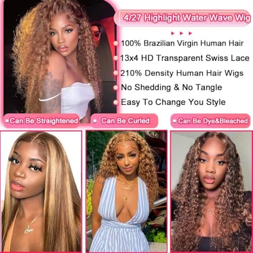 ALSZIQIHR 13x4 Highlight Ombre Lace Front Wig Human Hair Pre Plucked HD Transparent 4/27 Honey Blonde lace frontal Wigs with Baby Hair 180% Density Colored Water Wave Lace Front wig for Women 26 inch - Thumbnail 2