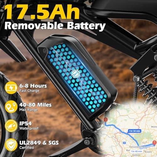 GLOBALKEEP MA-Pro Electric Bike for Adults, 1500W Peak Dual Suspension Off-Road Ebike, 48V 17.5Ah Removable Battery, 20" x 4.0 Fat Tire Class 2 Electric Bicycle Trail Cruiser with Top Tube Bag - Thumbnail 3