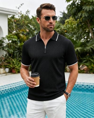 TRFIC Mens Polo Shirts Short Sleeve Casual Polo Shirt Vintage Golf T Shirts Old Money Tops Black - Thumbnail 2