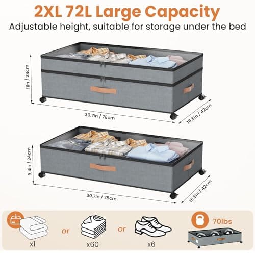 Mqaue Storage Box,Under Bed Storage with Wheels 72L XXL Under the Bed Storage Containers Large, 10‘’ Tall Adjustable Storage for Underbed with Lids, Rolling for Shoes, Clothes, Blankets, Grey - Thumbnail 2
