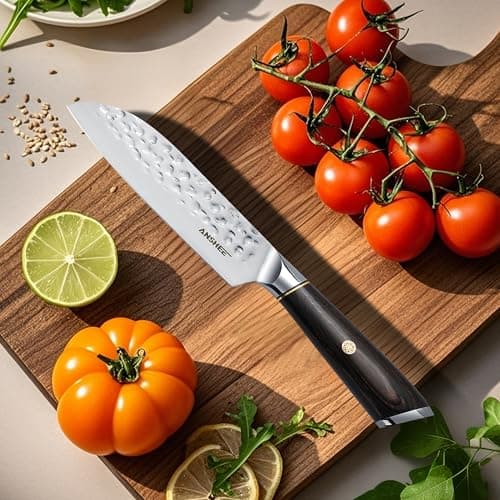 anshee 5 Inch Japanese Santoku Knife & Paring Knife - Hammered Anti-Stick High Carbon Steel Chef Knives, Ergonomic Handle for Fruits/Tomatoes/Meat with Sheath & Gift Box (Home & Professional Chefs) - Thumbnail 2