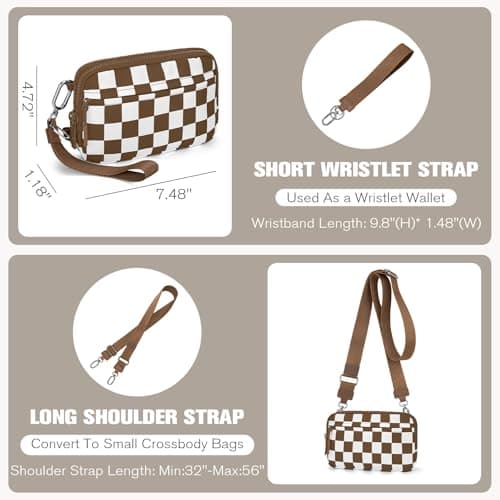 WOOMADA Checkerboard Nylon wristlet wallets for women - Crossbody Bag with Credit Card Holder & Cell Phone Organizer(Caramel Checkerboard) - Thumbnail 5