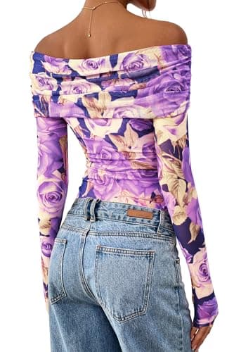PRETTYGARDEN Womens Tops 2026 Spring Off The Shoulder Long Sleeve Fitted Y2k Shirts Floral Ruched Mesh Going Out Outfits(Purple Flower,X-Large) - Thumbnail 4