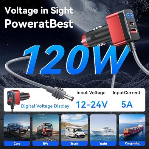 Starlink Mini Cable, 12V-24V Car Charger DC Power Cable+ Cigarette Lighter Adapter, LED Digital Display Durable Waterproof Cord 10FT/3M with USB C PD 30W and USB A Ports for Trucks and Car - Thumbnail 3