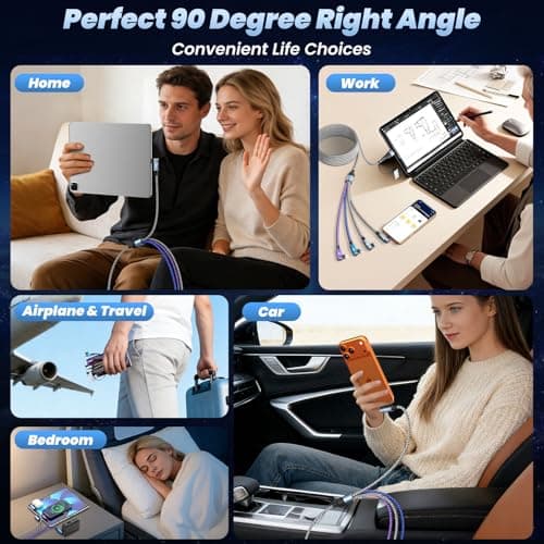 Travel Essentials 90 Degree Multi Charging Cable, 5FT 2Pack Nylon USB A/C Cord Right Angle 4 in 2 Charging Cable, USB Cable Charger Cord with Dual Type -C/Micro/L Port for iPhone 17 16 Galaxy S25 iPad - Thumbnail 3