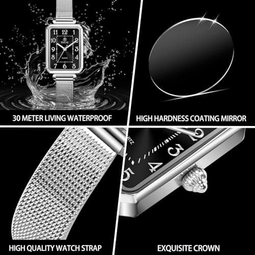 Taxau Watches for Women Dress Large Wrist Womens Waterproof Watch Analog Quartz Black Face Watch for Women with Date Square Mesh Band Ladies Watches - Thumbnail 5