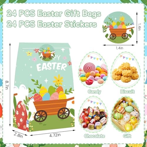 ZQDQIUQIU Easter Treat Bags,24 PCS Small Easter Gift Bags with 24 PCS Easter Stickers,Easter Goodie Bags Candy Wrapping Bag for Classroom Holiday Party Favors Supplies - Thumbnail 2