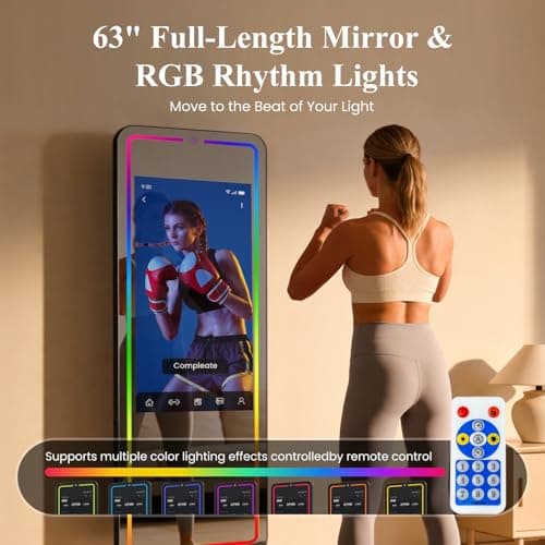 LumaVue Smart Fitness Mirror 32" Touchscreen Android Open System Workout Monitor with 63" Full Length HD Mirror, RGB LED Lights, Wall Mount & Free Standing, Ideal for Home Gym Yoga Exercise - Thumbnail 3