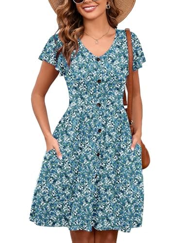 Heymoments Women Summer Dress Monet Garden X-Large Ruffle Sleeve V Neck Casual Cute Loose Sundress Comfy Swing Button Down Midi Work Flowy Tunic Ladies Beach Vacation Teacher Dresses with Pockets - Image 1