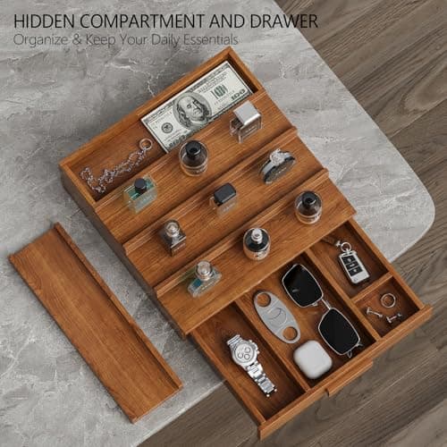 Sueuapp Cologne Organizer for Men,4 Tier Walnut Wood Cologne Stand,Cologne Shelf Display Holder with Hidden Storage and Drawer,Perfume Stand Organizer Great Gifts for Men - Thumbnail 3