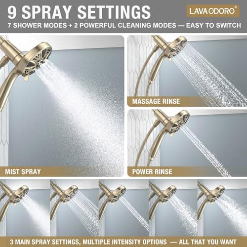 LAVA ODORO Handheld Shower Head with Magnetic Docking System, 10-Function High Pressure Detachable Shower Head, 5-inch Showerhead with 72 Inch Hose, Champagne Gold, SH180-CB - Thumbnail 6
