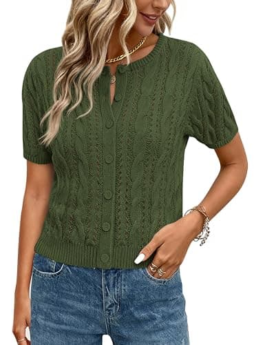 MASCOMODA Women Summer Cable Knit Crochet Cardigan Sweaters Casual Button Short Sleeve Sweater Cute Beach Hollow Out Knit Top(Army Green,Small) - Image 1