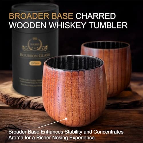 Charred Wooden Bourbon Drinking Glass, Bourbon Gifts for Men – 12 Oz Wooden Old Fashioned Glasses Set Whiskey Tumbler | Birthday Whiskey Gifts for Men, Dad or Brother Original Bourbon Tumbler (2 Pack) - Thumbnail 5