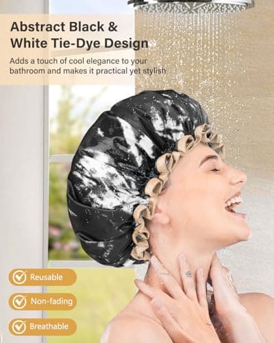 mikimini Large Shower Cap for Women Men Reusable Waterproof, Double Layer Adjustable Hair Cap with Elastic Band for Long Hair & Braids - Classic Elegant Black and White Design - Thumbnail 6