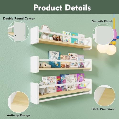 MXCSE Nursery Floating Bookshelf for Kids, Wall Mounted Kids Book Shelf with Toy Storage, Pine Wood Nursery Shelves for Playroom, Bedroom, Toddler Room, Set of 3 (White & Wooden, 24 in) - Thumbnail 5