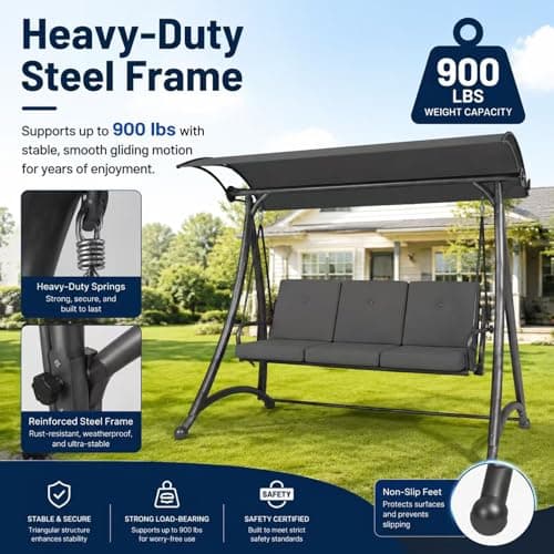 Outdoor Patio Swing, 3 Seat Porch Swing with Adjustable Canopy, Swing Chair for Backyard Garden Patio(Grey) - Thumbnail 5