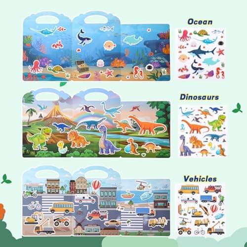 6Pcs Reusable Sticker Books, Sticker Books for Toddlers 2-4 Years, Vehicles Insects Animals Dinosaurs Stickers Scenes for Crafts Parties Travel Boys Girls Gifts - Thumbnail 6