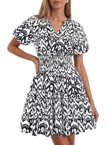 BTFBM Summer Dresses for Women 2026 Ruffle Short Sleeve Elastic Waist Tiered Floral Mini Dress Beach Vacation Sundresses(Floral Black, Large) - Image 1