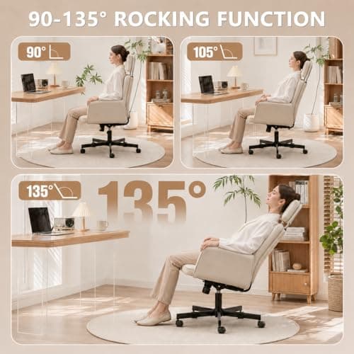 XYPFURN Criss Cross Chair with Wheels & Adjustable Armrests, High Back Faux Leather Executive Desk Chair for Home Office, Comfy Cross Legged Wide Computer Task Chair, Ivory - Thumbnail 6