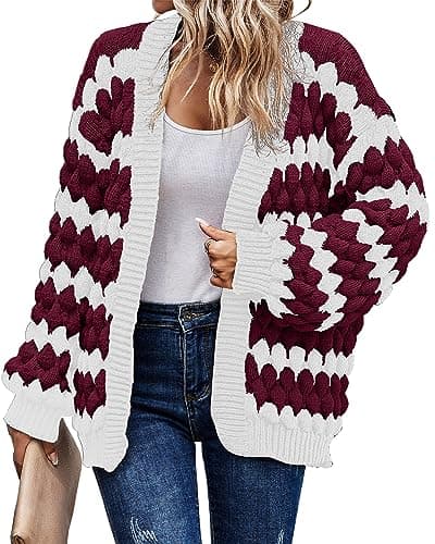 KIRUNDO Women's 2026 Fall Open Front Knitted Cardigan Cable Knit Striped Color Block Lantern Sleeve Casual Short Cardigan Sweater Winter Clothes(Wine Red, Small) - Image 1