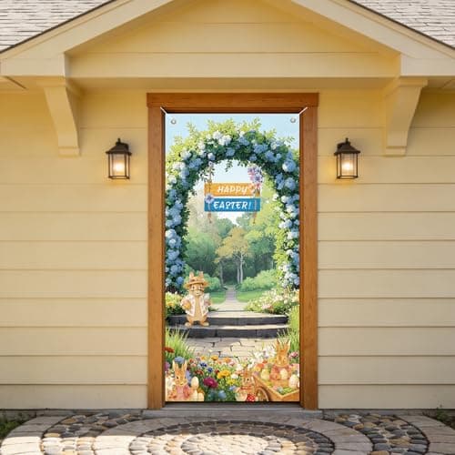 Lednica Happy Easter Door Decoration, Rustic Hydrangea Easter Door Cover with Bunny Eggs, Spring Floral Arch Garden Banner for Party Decor & Supplies, 71x35 Inch - Thumbnail 6
