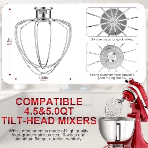 6-Wire Whip Attachment Fits KitchenAid Tilt-Head Stand Mixer Replace K45WW, Stainless Steel, Egg Heavy Cream Beater, Cakes Mayonnaise Whisk - Thumbnail 2