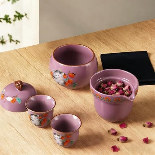 Mini Tea Cups,Cute Lucky Cat Cups,Small Tea Mugs,Porcelain Gongfu Tea set with 3 in 1,Tea Sets for Adults,Ceramic Tea Infuser Cup for Loose Leaf for Women/Tea Lovers/Birthday/Mother's Day (Purple) - Thumbnail 2