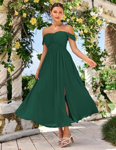 GRACE KARIN Summer Dark Green Dress for Women 2026,Off the Shoulder Smocked Bridesmaid Dresses,Formal Baby Shower Maxi Dresses L - Thumbnail 2