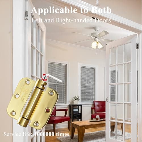 Sophia Self-Closing Door Hinge 3.5 Inch Rounded 5/8 Radius Interior, Spring Loaded Hinge Adjustable Tension for Garage Residential Standard Bedroom Indoor Doors, 2 Pack, Polished Brass, UL Listed - Thumbnail 6