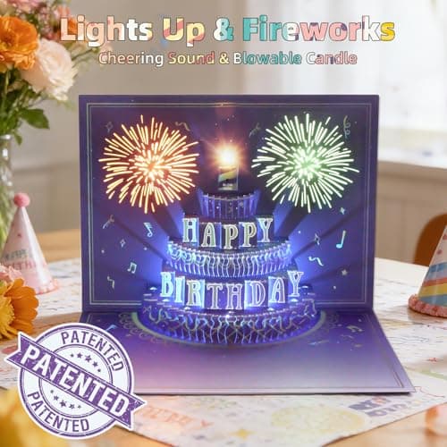 XTF2015 Happy Birthday Cards Fireworks, Lights, Music and Sound Fireworks Cake 3D Pop Up Birthday Cards Gift with Envelope and Note Tag for Women, Men, Kids, Wife, Mom, Husband - Thumbnail 2