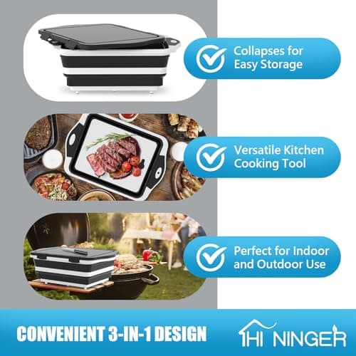 HI NINGER BBQ Prep Tub with Lid, Collapsible Camping Sink with Colander, Cutting Board & Knife Set for Grilling, Smoking & Outdoor Cooking, Collapsible Wash Basin for RV Camping Essentials - Thumbnail 2