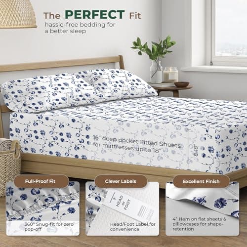 THREAD SPREAD 100% Organic Cotton Sheets Twin XL Size - Organic Cotton Percale Weave Sheet Set (3 PC, Floral Blue), Soft, Cooling, Crisp & Breathable, 16" Deep Pocket Hotel Quality Bedding Set - Thumbnail 4