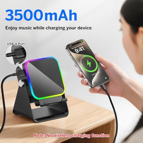 Wireless Induction Speaker 5-in-1 Bluetooth Speaker with Phone Stand,Stereo Sound, 3500mAh Rechargeable, 8 RGB Ambient Light, 360° Adjustable Holder for iPhone/Android/iPad,Gifts for Men Women (Black) - Thumbnail 5