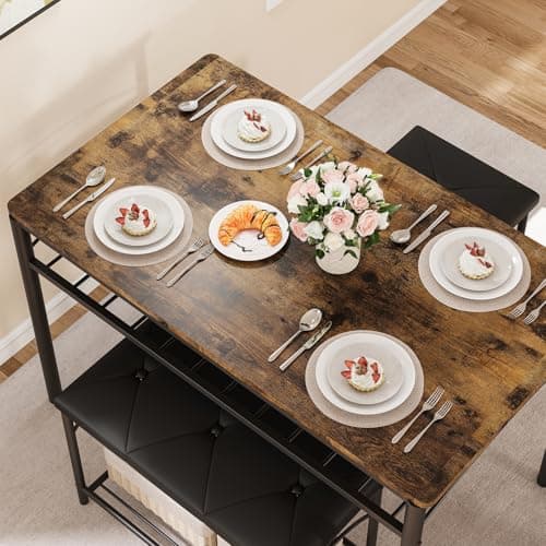 Garvee Dining Table Set for 4, Kitchen Table with Upholstered Bench and 2 Stools, 4 Pieces Kitchen Table Set with Storage Rack & Metal Frame for Small Space, Kitchen Table and Chairs Set for Apartment - Thumbnail 3