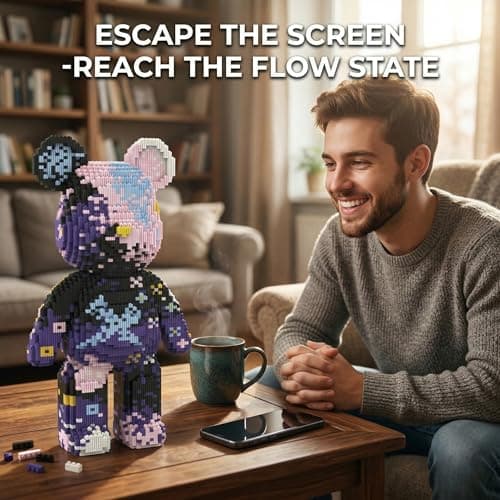 SehrKlug 16.9" Graffiti Purple Teddy Blocks Bear Building Bricks Set for Adults, Collectible Home Decor for Bedroom, Office, or Book Shelf - Relaxing Activity for Men Women - Birthday Gift, Ages 14+ - Thumbnail 5