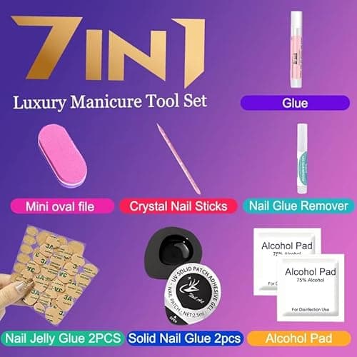 Short Square Press on Nails - Handmade Manicure Art Reusable False Nails 10pcs with Solid Nail Glue, Nail Adhesive Tabs, Strong Nail Glue (2777 Large) - Thumbnail 6