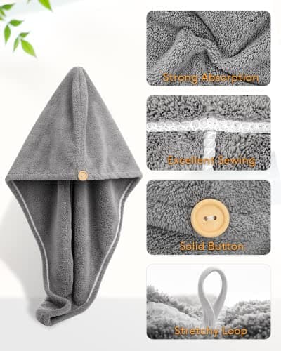YFONG 3 Pack Hair Drying Towels, Hair Towel with Button, Super Absorbent Microfiber Hair Towel for Curly Hair, Fast Drying Hair Wraps for Women Girls, Microfiber Towel for Hair - Thumbnail 3