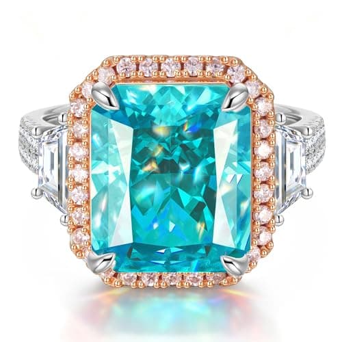 Moissa 8ct Lab Zircon Cocktail Ring 14K White Gold Plated Silver Rings for Women, Radiant Cut Halo Ring for Engagement Anniversary Birthday Party, Jewelry Gift for Wife Her - Vivid Blue Statement Ring - Image 1