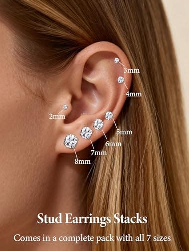Arminor 7 Pairs 20G Stud Earrings for Women Men Hypoallergenic 316L Surgical Stainless Steel Earrings for Multiple Piercing | AAAAA+ Cubic Zirconia Earring Stacks with Butterfly & Silicone Backs - Thumbnail 2